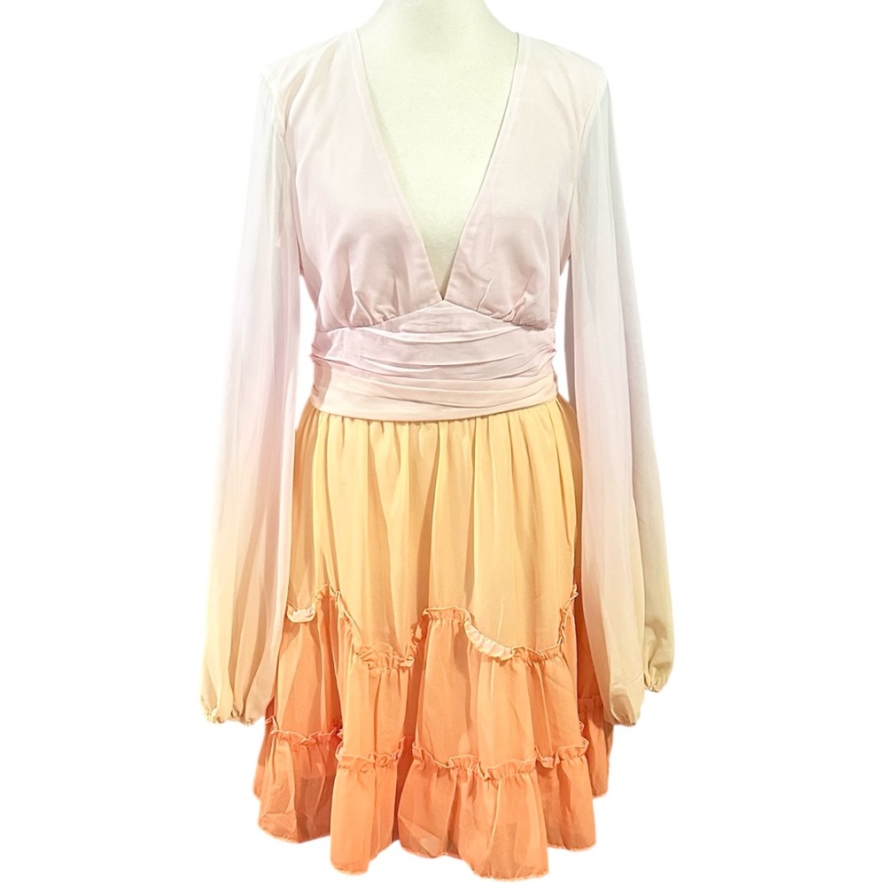 Petal + Pup Ombre Ruffle Tiered Long Sleeve Deep V-Neck Dress Orange Size Medium
